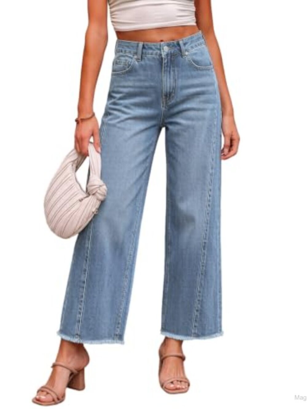 High Waisted Wide Leg Cropped Jeans Stretchy Raw Hem Denim Pants
